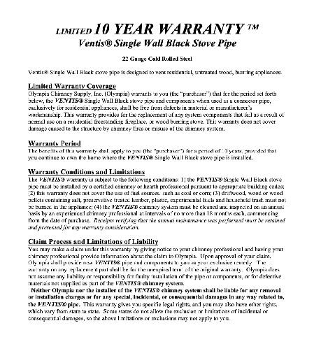 [OC208_000] Ventis Single Wall Black Stove Pipe Warranty PDF ONLY (EA/1)
